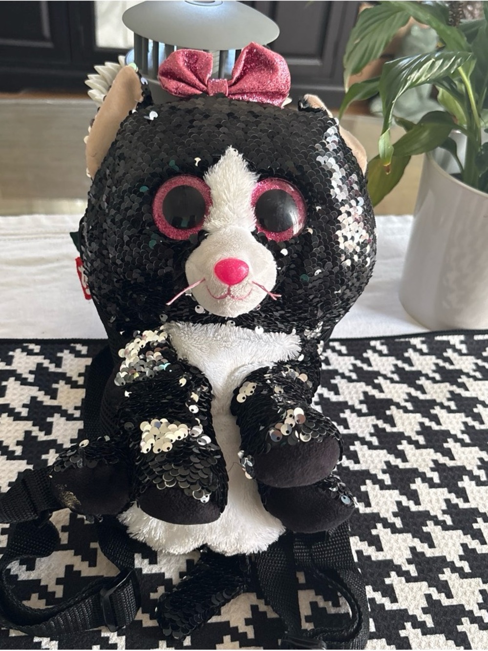 Ty Black & White Sequined Cat Kids Backpack with Pink Accents